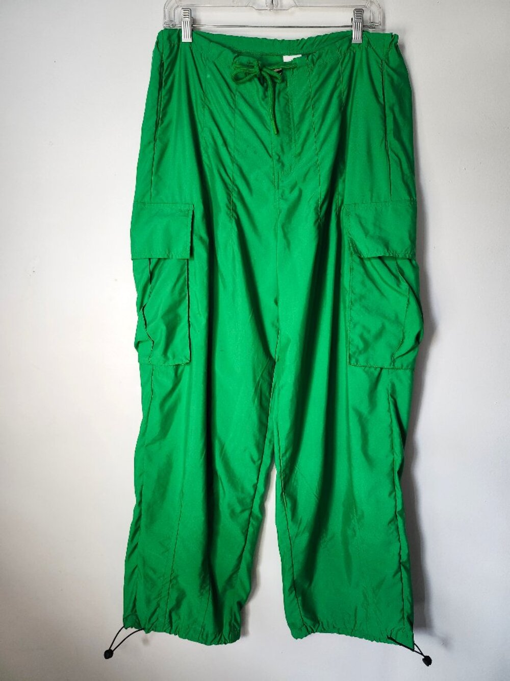 Bright Kelly Green Wide Leg Cargo Drawstring Pocket Windbreaker Pants